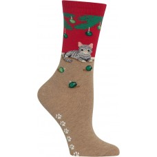 HotSox Womens Christmas Cat Non Skid Socks, Red, 1 Pair, Womens Shoe 4-10