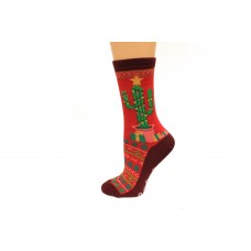 Hot Socks Christmas Cactus Non Skid Women's Socks 1 Pair, Red, Women's Shoe Size 9-11