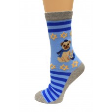 Hot Socks Hannukah Pug Non Skid Women's Socks 1 Pair, Light Blue, Women's Shoe Size 9-11