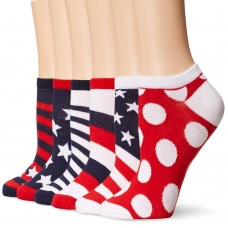 K. Bell Americana No Show Socks, Red/White/Blue, Sock Size 9-11/Shoe Size 4-10, 6 Pair