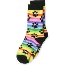 K. Bell Kid's Rainbow Stripe Paw Prints Crew Socks 1 Pair, Black, Kids Sock Size 7-8.5/Shoe Size 11-4